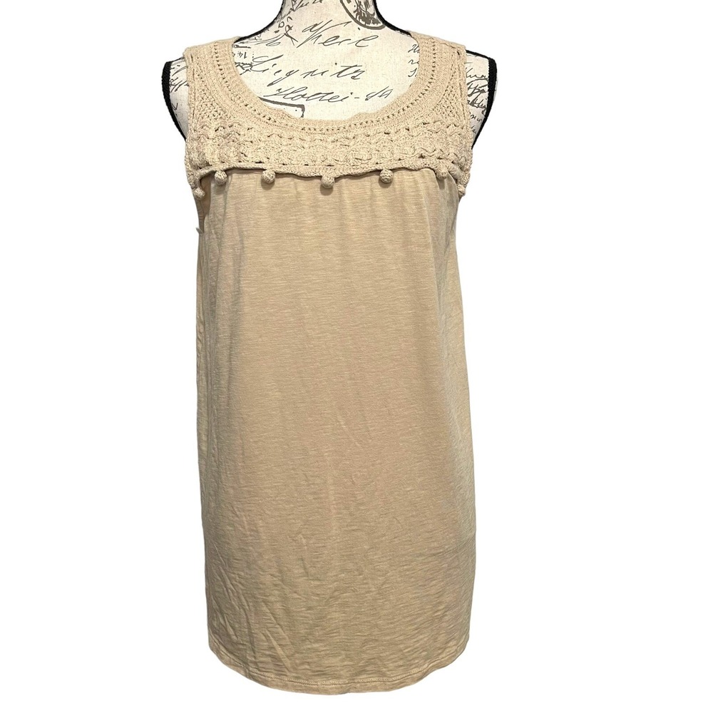 J. Jill Crochet Tank Top Womens M Tan Pom Pom Trim Slub Knit Boho Tunic Coastal